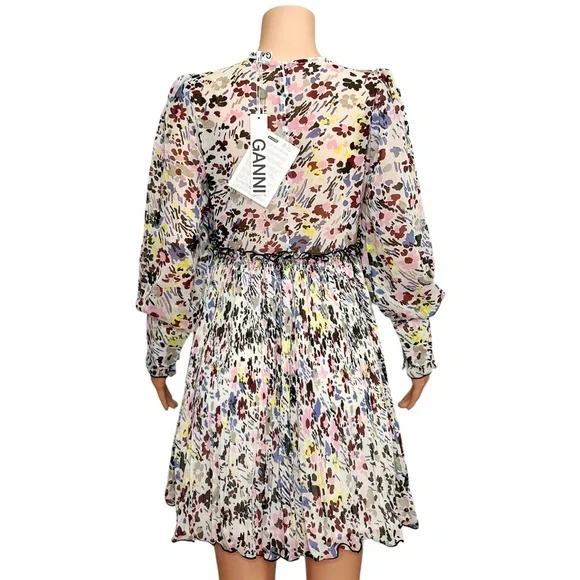 GANNI Pleated Georgette Floral Mini Dress, Egret, FR38